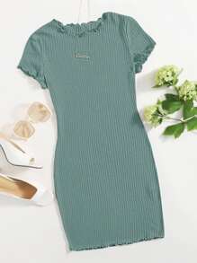 SHEIN EZwear Plus Solid Lettuce Trim Rib-knit Bodycon Dress - Green - View 1