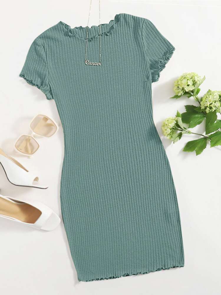 SHEIN EZwear Plus Solid Lettuce Trim Rib-knit Bodycon Dress - Green - View 1