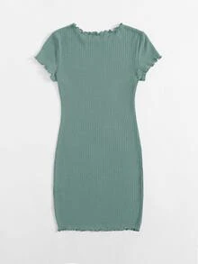 SHEIN EZwear Plus Solid Lettuce Trim Rib-knit Bodycon Dress - Green - View 2