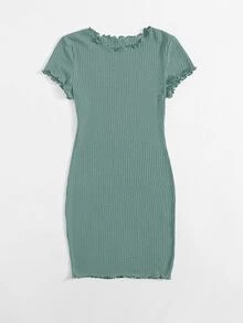 SHEIN EZwear Plus Solid Lettuce Trim Rib-knit Bodycon Dress - Green - View 5