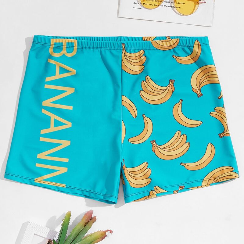 

Guys Letter & Banana Print Swim Trunks, Mint blue
