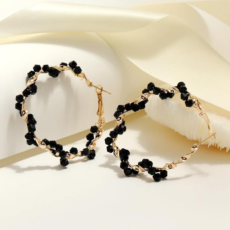 

Beaded Twist Hoop Earrings, Black