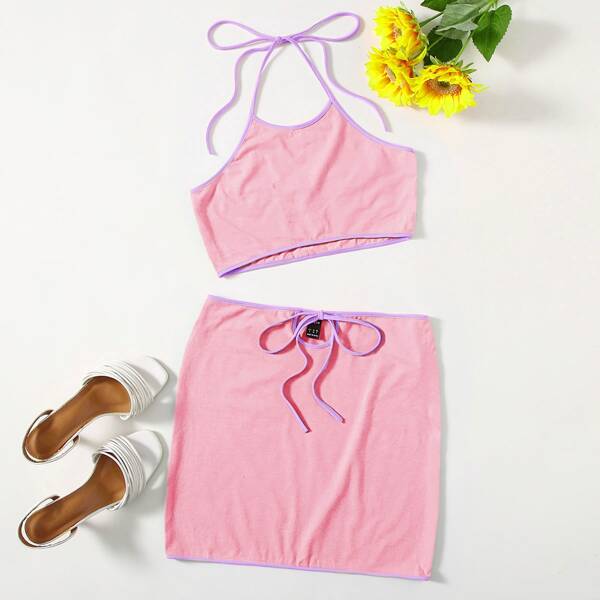 

Contrast Binding Halter Top & Skirt Set, Baby pink