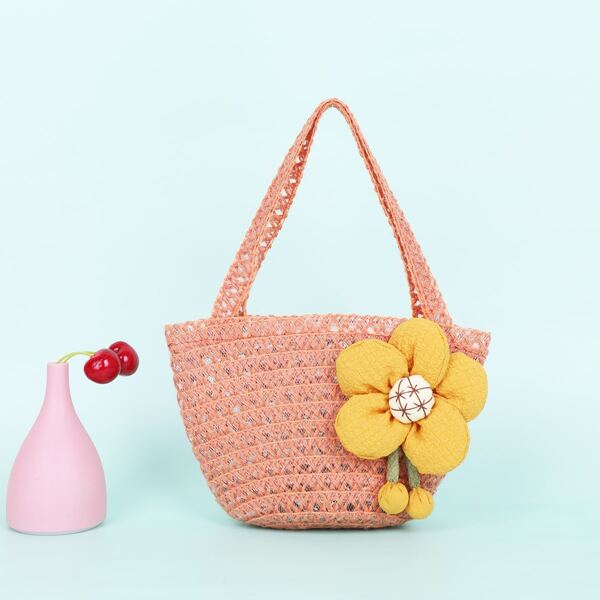 

Girls Applique Straw Satchel Bag, Orange