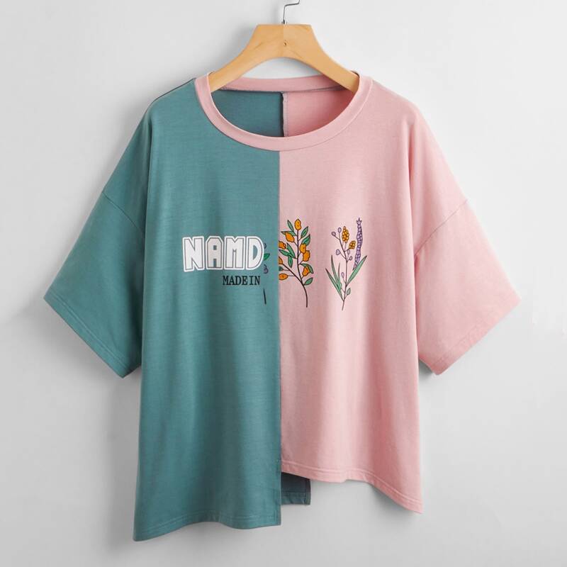 

Letter Floral Two Tone Oversized Tee, Multicolor