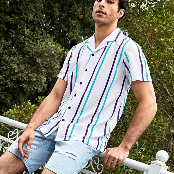 

Men Vertical Striped Lapel Neck Shirt, White