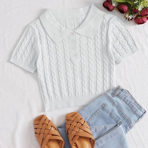 

Half Button Cable Knit Crop Top, White