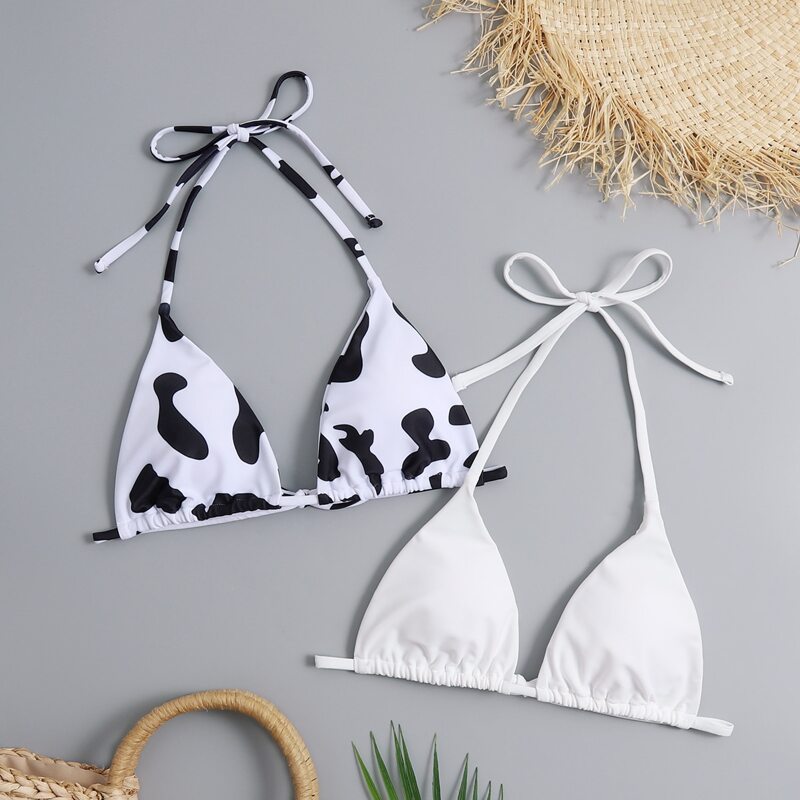 

2pack Cow Print Halter Bikini Top, Black and white