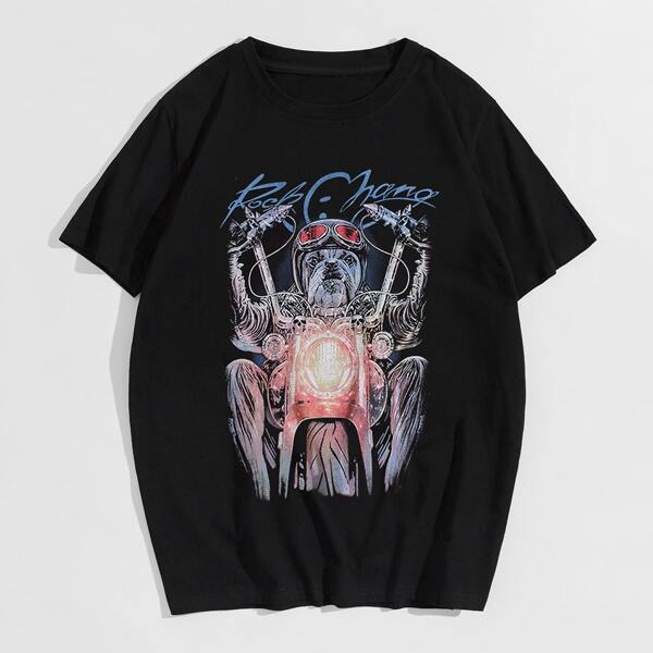 

Men Cartoon & Letter Graphic Tee, Black