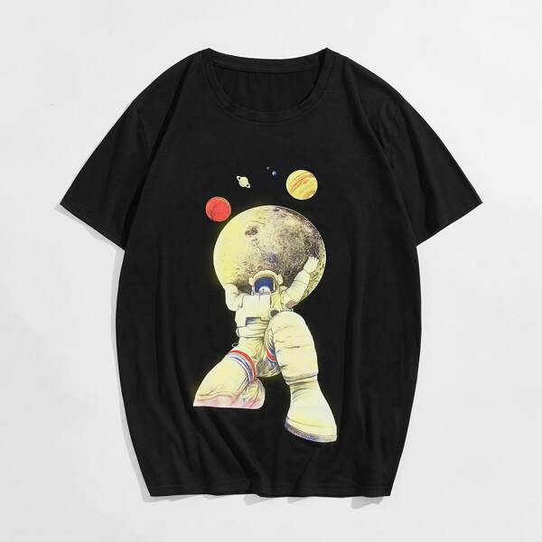 

Men Astronaut & Planet Print Tee, Black