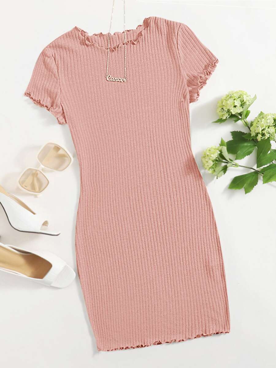 SHEIN EZwear Plus Solid Lettuce Trim Rib-knit Bodycon Dress - Baby Pink - View 1