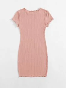 SHEIN EZwear Plus Solid Lettuce Trim Rib-knit Bodycon Dress - Baby Pink - View 2