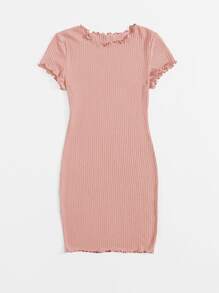 SHEIN EZwear Plus Solid Lettuce Trim Rib-knit Bodycon Dress - Baby Pink - View 5