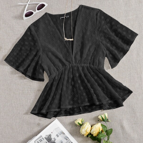 

V Neck Appliques Peplum Top, Black