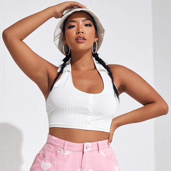 

Plus Ribbed Button Front Crop Halter Top, White