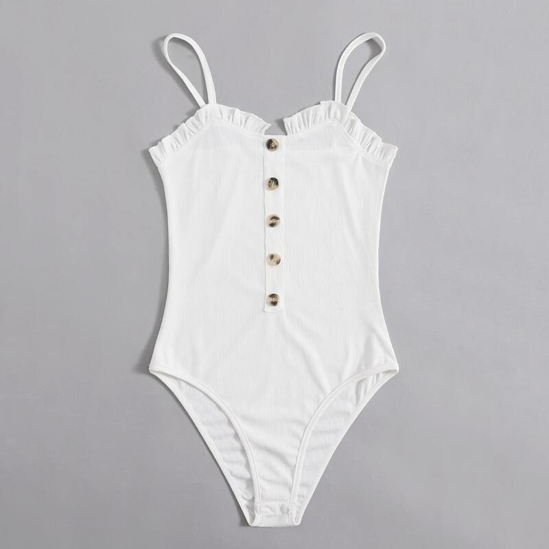 

Solid Button Front Frill Cami Bodysuit, White