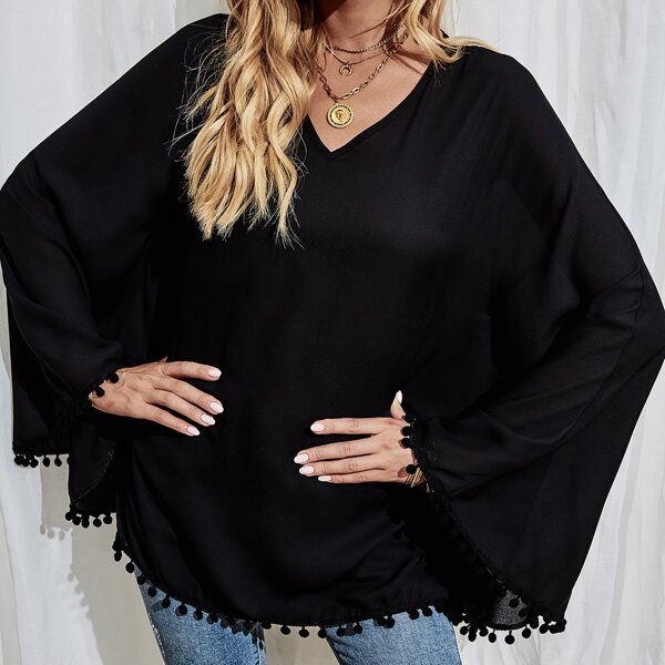 

Pom Pom Hem Cloak Sleeve Blouse, Black