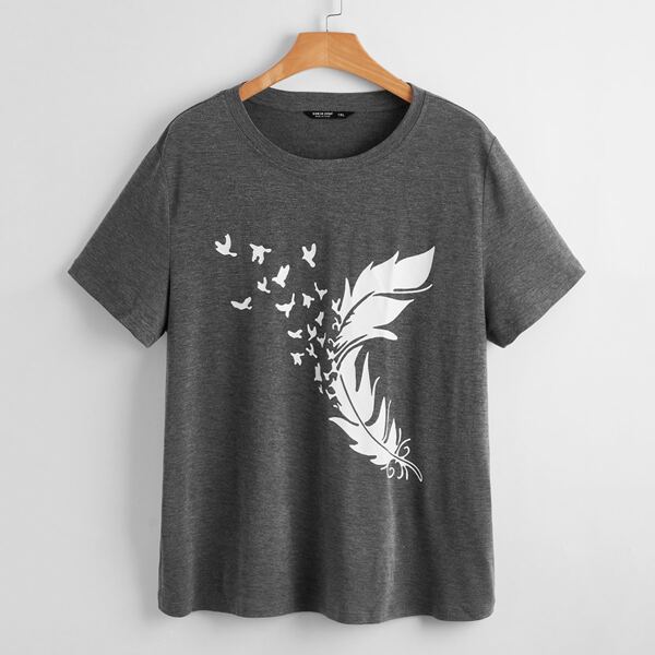 

Plus Feather Print Round Neck Tee, Dark grey