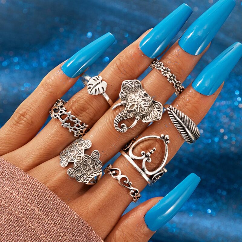 

8pcs Elephant Design Ring, Silver