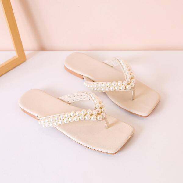 

Faux Pearl Decor Thong Sandals, Beige