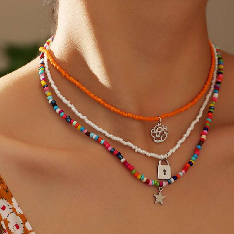 

3pcs Star Decor Beaded Necklace, Multicolor