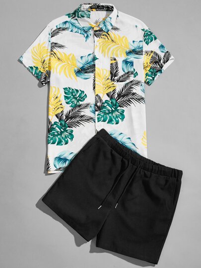 Tropical Print Drawstring Shorts Set