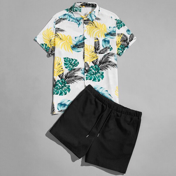

Men Tropical Print Shirt & Drawstring Shorts Set, Multicolor