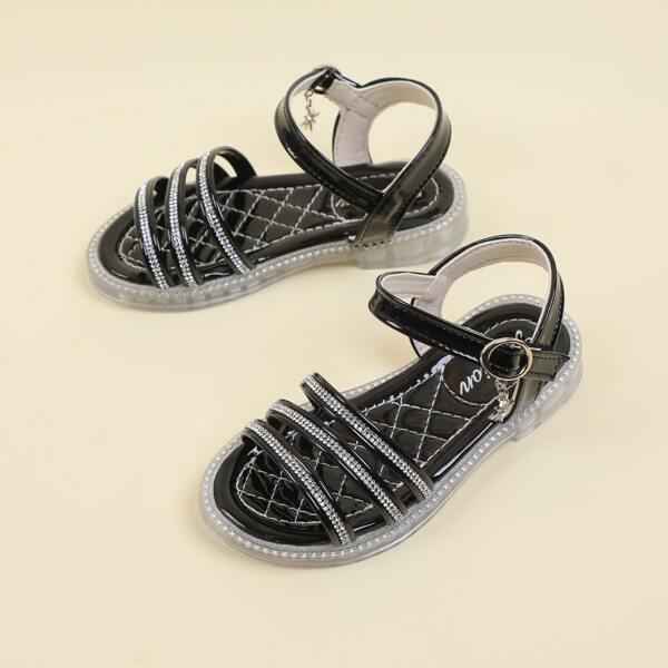 

Girls Rhinestone Decor Quilted Strappy Sandals, Black