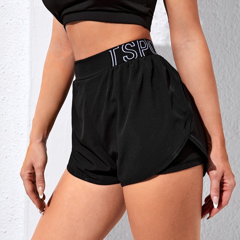 

2 In 1 Letter Taped Sports Shorts, Black