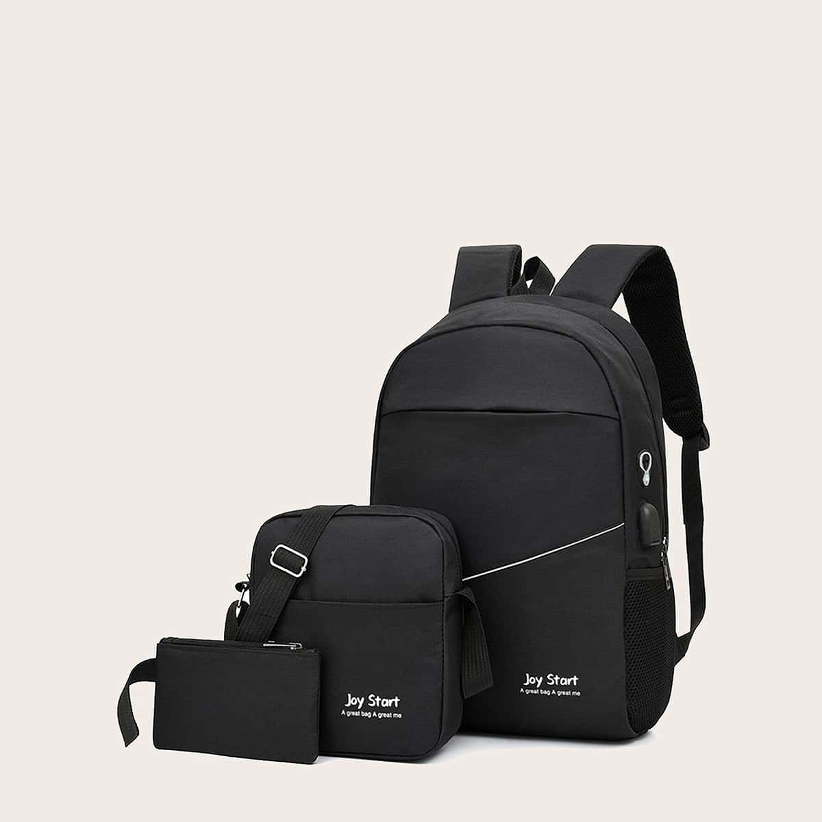 

3pcs Letter Graphic Backpack With Crossbody Bag, Black