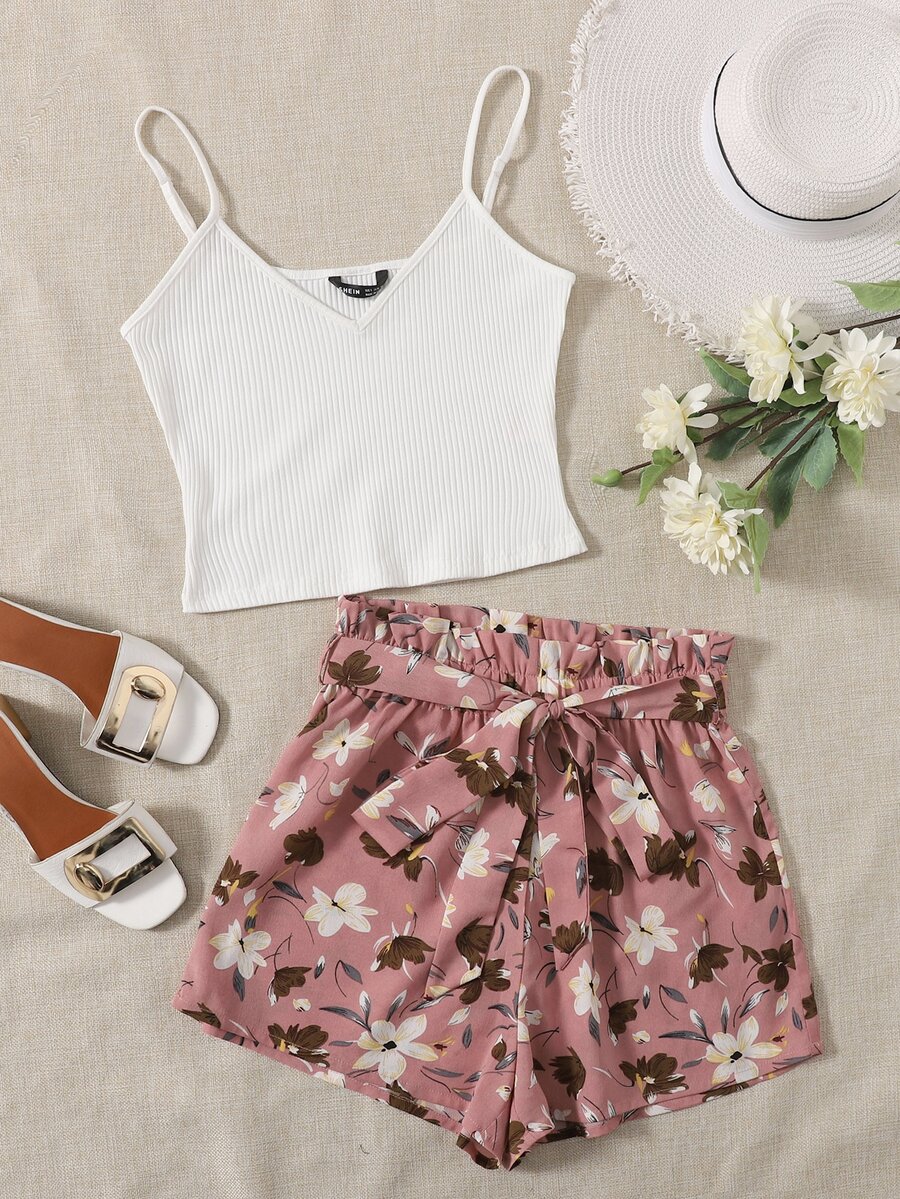 SHEIN Rib-knit Cami Top and Paperbag Waist Shorts Set - Multicolor - View 1