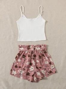 SHEIN Rib-knit Cami Top and Paperbag Waist Shorts Set - Multicolor - View 2