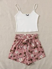 SHEIN Rib-knit Cami Top and Paperbag Waist Shorts Set - Multicolor - View 4