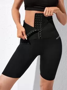 Yoga Basic Letter Graphic Short Running Tights Seamless High Stretch Tummy Control Super High-Waisted Gym Leggings With Hook & Eye Waist - Black - View 1