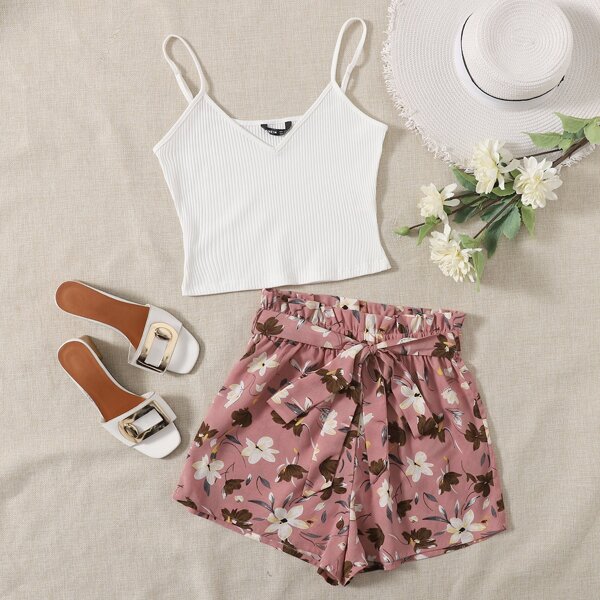 

Rib-knit Cami Top and Paperbag Waist Shorts Set, Multicolor