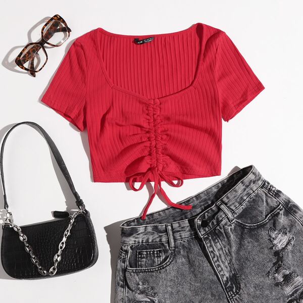 

Sweetheart Neck Drawstring Solid Tee, Red