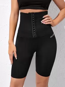 Yoga Basic Letter Graphic Short Running Tights Seamless High Stretch Tummy Control Super High-Waisted Gym Leggings With Hook & Eye Waist - Black - View 4