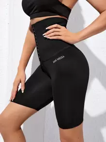 Yoga Basic Letter Graphic Short Running Tights Seamless High Stretch Tummy Control Super High-Waisted Gym Leggings With Hook & Eye Waist - Black - View 5