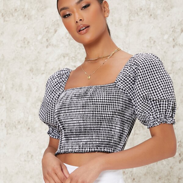 

Gingham Smocked Bodice Balloon Sleeve Crop Top, Black and white