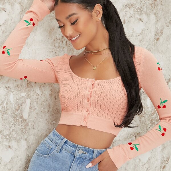 

Cherry Graphic Honeycomb Knit Button-Front Cardigan, Pastel baby pink