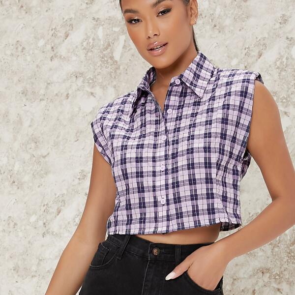 

Padded Shoulder Plaid Blouse, Purple