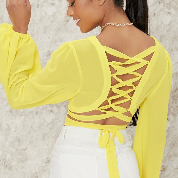 

Chiffon Lace-Up Back Long Peasant Sleeve Crop Top, Yellow bright