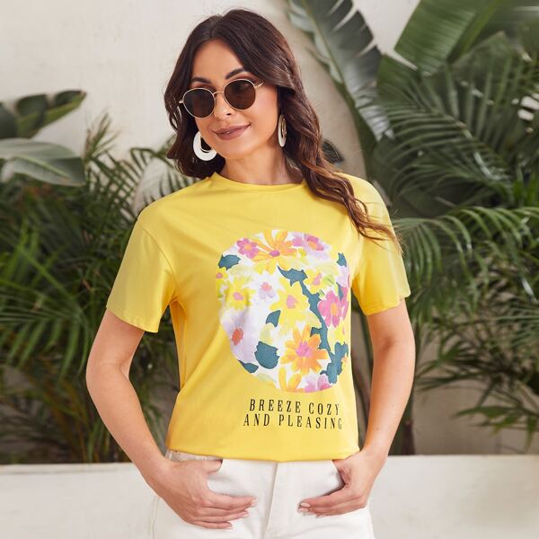 

Letter & Floral Print Tee, Yellow