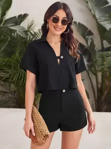 SHEIN LUNE Solid Top & Zipper Fly Shorts Set - Black - View 1