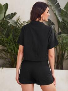 SHEIN LUNE Solid Top & Zipper Fly Shorts Set - Black - View 2