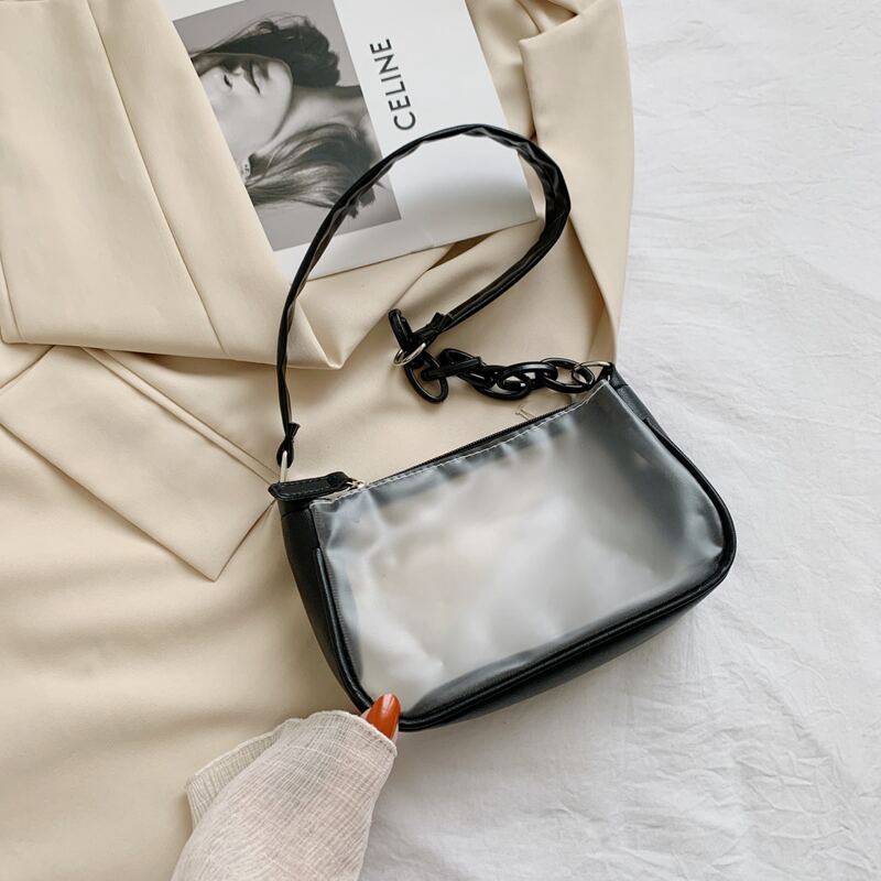 

Clear Chain Baguette Bag, Black and white