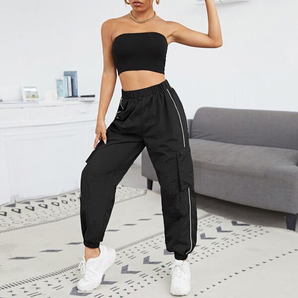 

Solid Crop Tube Top & Contrast Piping Zipper Pocket Pants Set, Black
