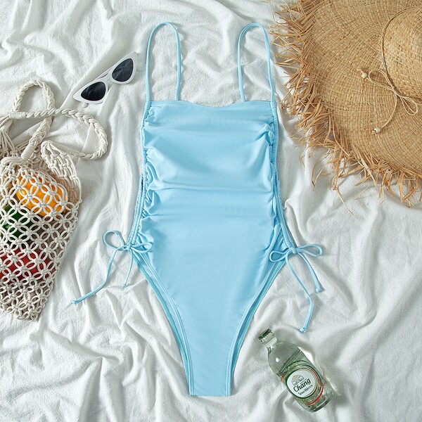 

Ruched Tie Side One Piece Swimsuit, Baby blue