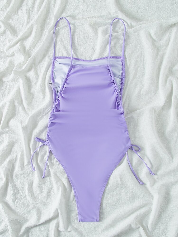 Ruched Tie Side One Piece Swimsuit, For Summer Beach Vacation - Lilac Purple - View 2