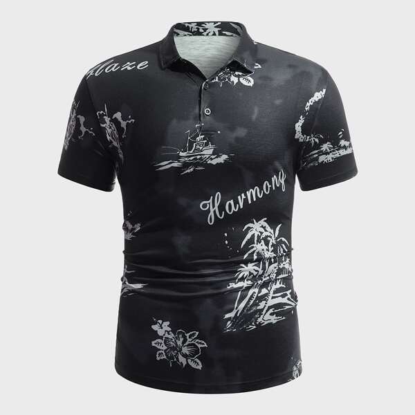 

Men Tropical And Graphic Print Polo Shirt, Black